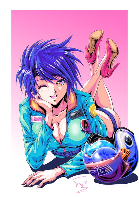 An anime-style illustration of a winking woman with spiky blue hair in a teal jacket with patches, including one reading "ALCORONO," lying on a pink background next to a futuristic helmet.