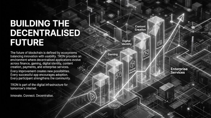 A digital graphic titled 'BUILDING THE DECENTRALISED FUTURE' discusses blockchain ecosystems and TRON's role in finance, gaming, digital identity, and content creation, featuring labeled towers for Gaming, Digital Identity, Content Creation, and Enterprise Services.