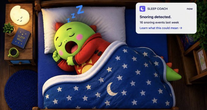 A claymation-style illustration of a green dinosaur character sleeping in a bed with a starry blue blanket, showing a 'Sleep Coach' notification that reads 'Snoring detected. 16 snoring events last week. Learn what this could mean.'