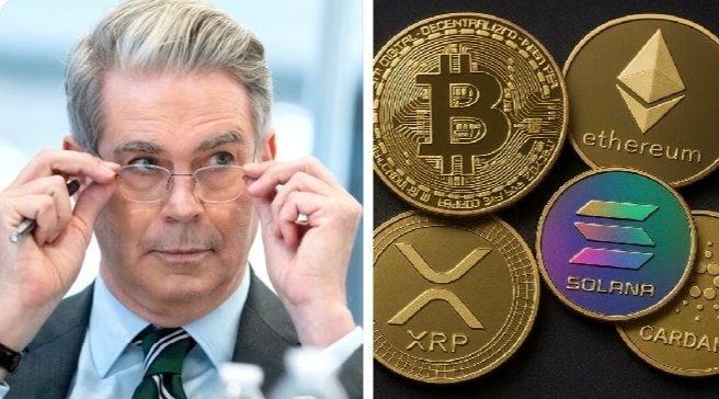 The image shows U.S. Treasury Secretary Scott Bessent adjusting his glasses on the left, alongside physical representations of cryptocurrencies including Bitcoin (BTC), Ethereum (ETH), Solana (SOL), XRP, and Cardano (ADA) on the right, visually linking his push for the CLARITY Act to the major crypto assets that would benefit from impending U.S. regulatory framework.