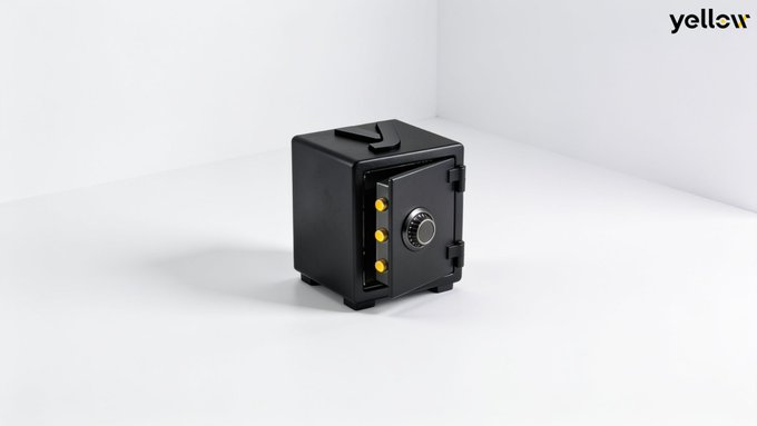 A black safe with a combination lock sits in a minimalist white room, with the "yellow" logo in the upper right corner. The image visually reinforces the post's theme about securing and auditing AI agents that handle financial transactions, symbolizing the need for accountability and identity verification in agent-based payments.