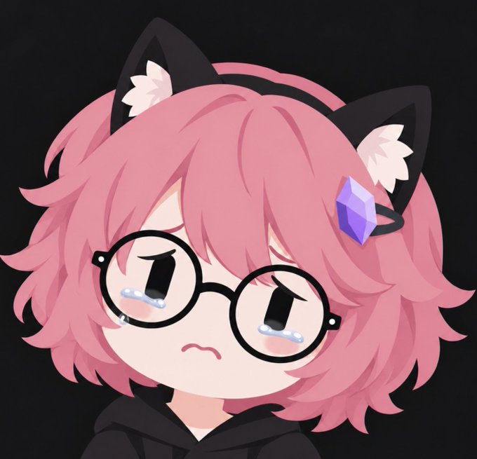A cute anime-style chibi character with fluffy pink hair, black and white cat ears, round black glasses, and a purple crystal hair clip appears to be crying with tears in their large eyes against a black background.