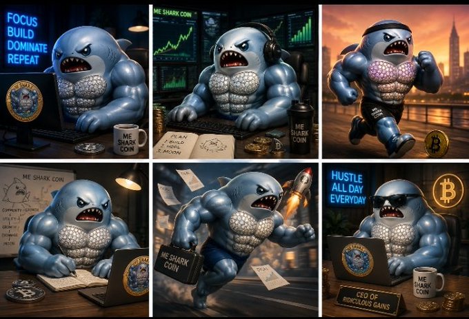 A collage of six AI-generated images features a muscular anthropomorphic shark character branded as 'ME SHARK COIN,' depicted in various scenarios including trading with 'FOCUS BUILD DOMINATE REPEAT' on a monitor, working out, running, writing business plans, launching a rocket, and working on a laptop as 'CEO OF RIDICULOUS GAINS' with Bitcoin imagery.