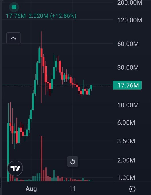 A candlestick chart for the ticker $CATE shows a price of 17.76M, up 2.020M (+12.86%), with a sharp rally in early August peaking near 60M before pulling back, supporting the post's question about the token being "ready for next leg."