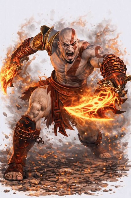 A fantasy digital illustration of a muscular warrior with red tribal markings, wielding flaming blades, with chains wrapped around his wrists.