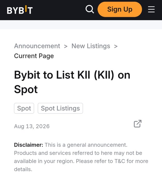 Bybit announcement page titled 'Bybit to List KII (KII) on Spot' dated Aug 13, 2026, with Spot and Spot Listings tags.