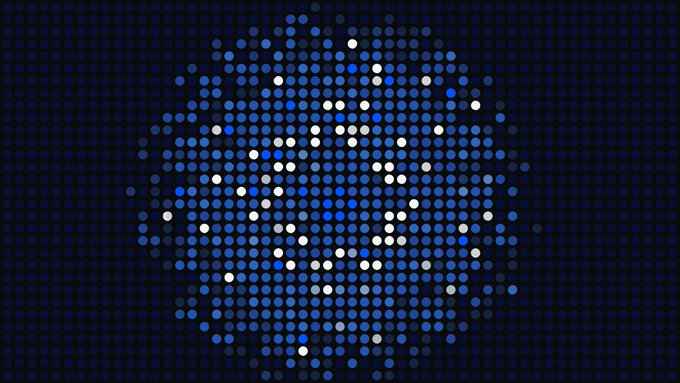 A circular mosaic or dot-matrix design composed of blue, white, and gray dots on a dark blue background.