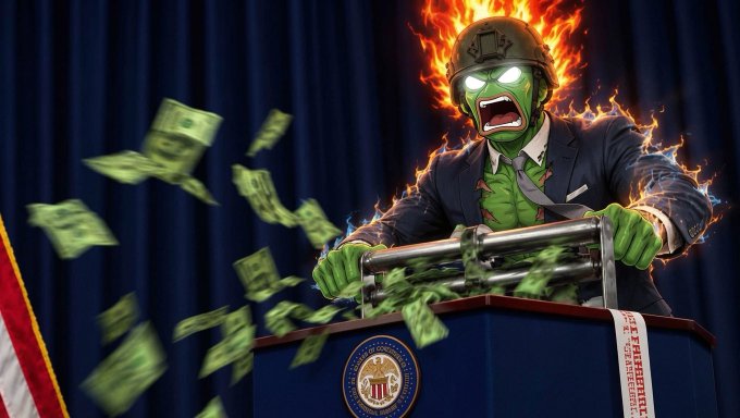 A green-skinned, helmeted figure engulfed in flames stands at a podium bearing a "Government" seal, furiously feeding dollar bills through a printing press as money flies through the air, visually satirizing the idea that once the $PEPE meme coin breaks out, it will ignite an avalanche of new meme coin creations and chaotic market activity.