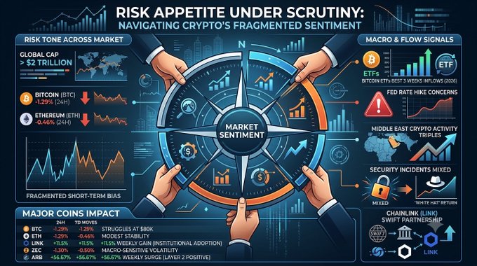 An infographic titled 'RISK APPETITE UNDER SCRUTINY: NAVIGATING CRYPTO'S FRAGMENTED SENTIMENT' shows a central compass labeled 'MARKET SENTIMENT' surrounded by data on BTC, ETH, ETF inflows, and a major coins impact chart with tickers including BTC, SOL, LINK, ZEC, and ARB.