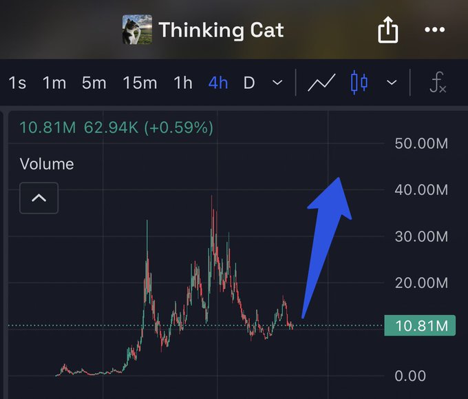 The image shows a TradingView chart titled "Thinking Cat" displaying the volume indicator in teal and red candlesticks over a 4-hour timeframe, with a large blue arrow pointing upward toward a significant volume spike, suggesting an imminent breakout—visually reinforcing the post's bullish claim that "$HMM" is about to reach a new all-time high.