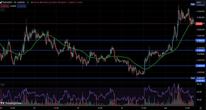 A TradingView candlestick chart shows the DOGEUSDT price on GATEIO rising sharply, with prices ranging around 0.0054 to 0.0063 and various moving averages plotted.