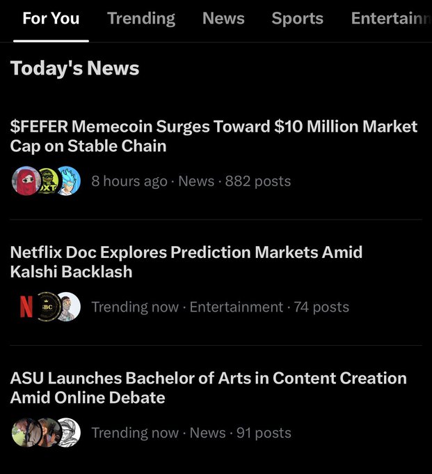 A 'Today's News' feed showing headlines including '$FEFER Memecoin Surges Toward $10 Million Market Cap on Stable Chain' and a Netflix prediction markets documentary.