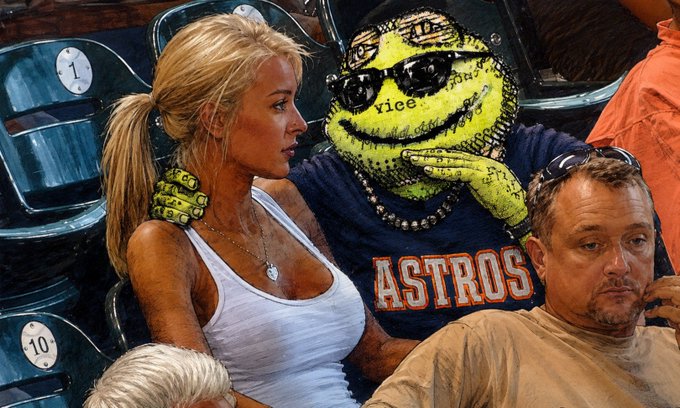 A woman in a white top sits next to a humorous photoshopped image of a yellow smiley face wearing sunglasses and an 'ASTROS' shirt in the stadium stands.