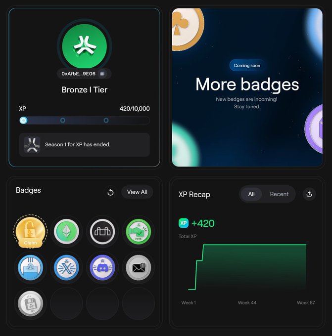 A user profile dashboard showing 'Bronze I Tier', XP progress at 420/10,000, 'Season 1 for XP has ended', and an XP Recap chart.