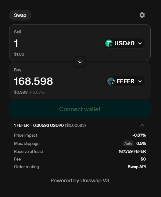 A cryptocurrency swap interface on stable.xyz shows exchanging 1 USD₮ for 168.598 FEFER tokens, powered by Uniswap V3 with a -0.07% price impact. This visually confirms the post's announcement that FEFER is now tradable via Uniswap liquidity on the Stable platform.