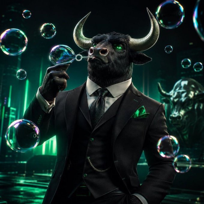 A dapper bull-headed figure in a sharp black suit and green tie blows iridescent bubbles against a neon green cityscape backdrop, embodying the bullish "$COMBULL" mascot and Halloween candy giveback promotion referenced in the post.