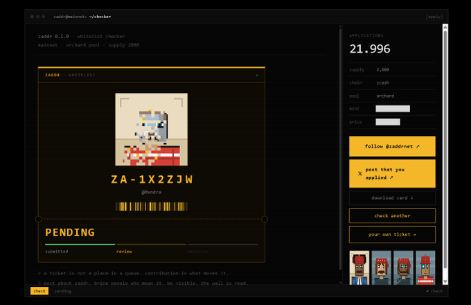 Screenshot of zadr 0.1.0 whitelist checker terminal interface showing a pending application with ticket ID 'ZA-1X2ZJW' (@bndrnet) for the orchard pool at supply 7300, with 21,996 applications.