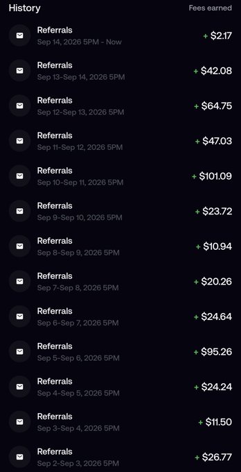 A history ledger showing referral fee earnings from September 2-14, 2026, with daily payouts ranging from +$2.17 to +$101.09, illustrating the cumulative $DRB token rewards earned through active traders using the referral link.