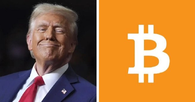 This image shows a split screen with President Trump on the left and the Bitcoin logo on the right, visually representing the discussion of Bitcoin's increasing use as money.