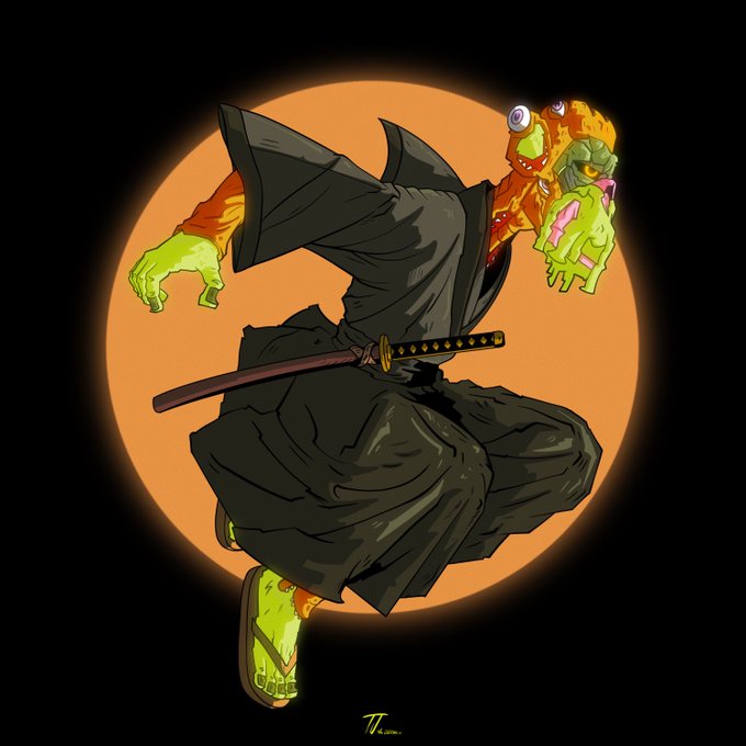 A figure in a black cloak wields a katana and holds a severed Bored Ape Yacht Club NFT head (identifiable by its signature googly eyes and gold-chain earring) against an orange full moon backdrop, fitting the "GM" Twitter greeting. The artwork stylistically blends traditional samurai imagery with crypto-collectible culture referenced in the post's @BoredApeYC tag.