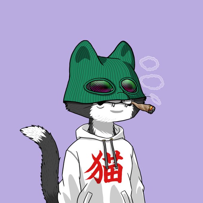 A digital illustration of a cute black and white cat character wearing a green ski mask with sunglasses, smoking a cigar, and sporting a white hoodie with red Japanese '猫' (cat) character.