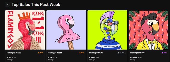 A digital marketplace showing the 'Top Sales This Past Week' featuring four flamingo-themed NFT collectibles: 'FLAMINGO KING', a flamingo hand puppet, a flamingo in a jar, and a flamingo character with prices ranging from 0.084 to 0.35 ETH.
