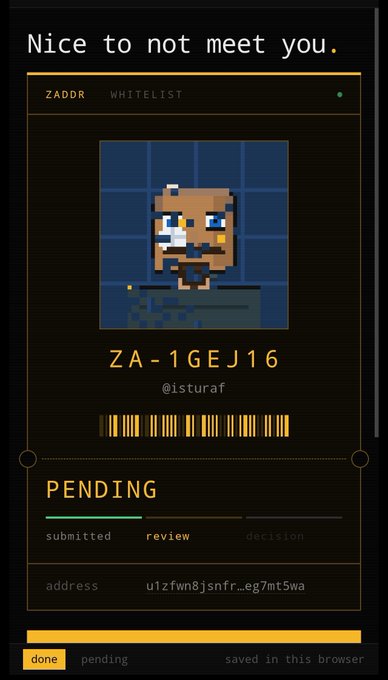 A digital profile interface displays 'Nice to not meet you.' with a pixel art avatar, a Z-address labeled 'ZA-1GEJ16' (@isturaf), and a 'PENDING' status for review.
