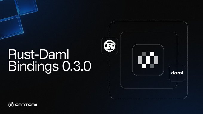 The image announces the "Rust-Daml Bindings 0.3.0" release by Cantor8, featuring logos for Rust and daml alongside a visual representation of binding/integration between the two technologies. This illustrates the post's announcement of Cantor8's updated Rust-Daml Toolkit, which provides a native client library enabling Rust developers to interact with Daml contracts on Canton.