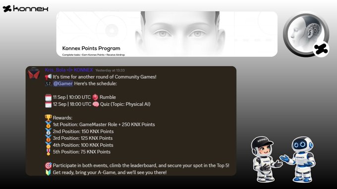 A screenshot from the Konnex Points Program announcing community games on September 11 and 12, with rewards listed for 1st through 5th positions in KNX Points.