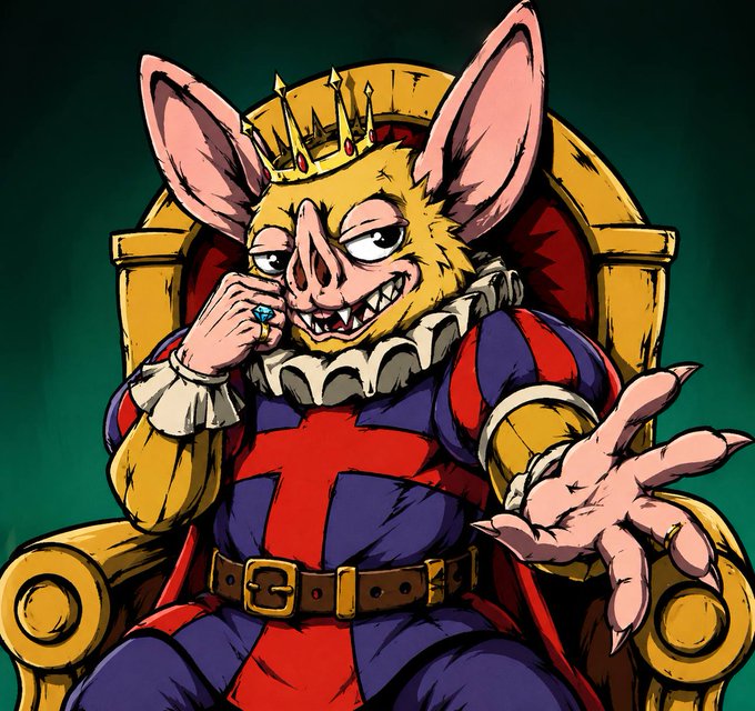 A smug, rat-like humanoid king with large ears, sharp fangs, and a crown lounges on a throne in regal medieval attire featuring a red cross emblazoned on his tunic, extending one clawed hand in a commanding gesture. The image visually embodies "hoodrat supremacy" by portraying a literal anthropomorphic rat ruling with arrogant authority, blending royal imagery with scrappy vermin aesthetics to humorously elevate "hoodrat" status to royalty.