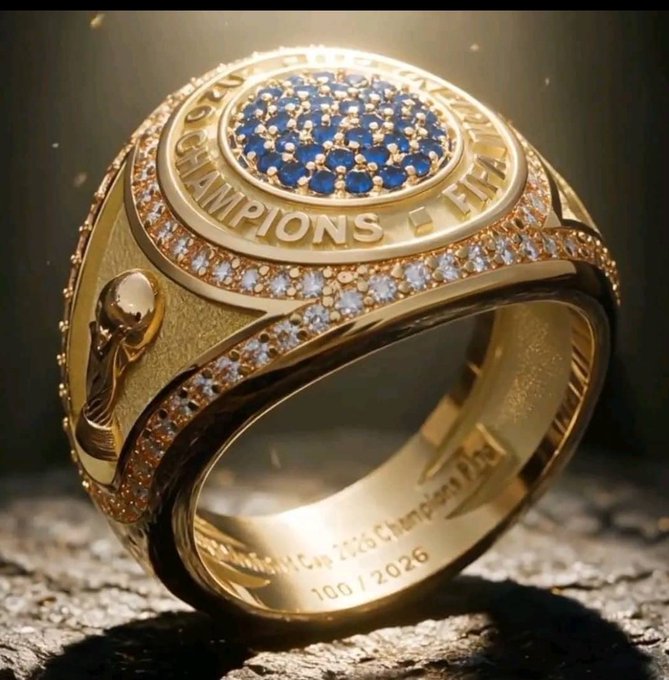 A gold championship ring adorned with blue and clear gemstones, featuring the text 'CHAMPIONS' and 'FIFA' along with '2026' engraved on the band.