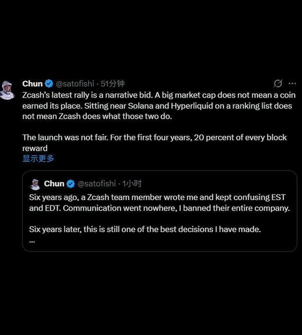 A screenshot of X (formerly Twitter) shows a post by Chun (@satofishi) criticizing Zcash's latest rally as a 'narrative bid' and calling its launch unfair due to the 20 percent founder reward.