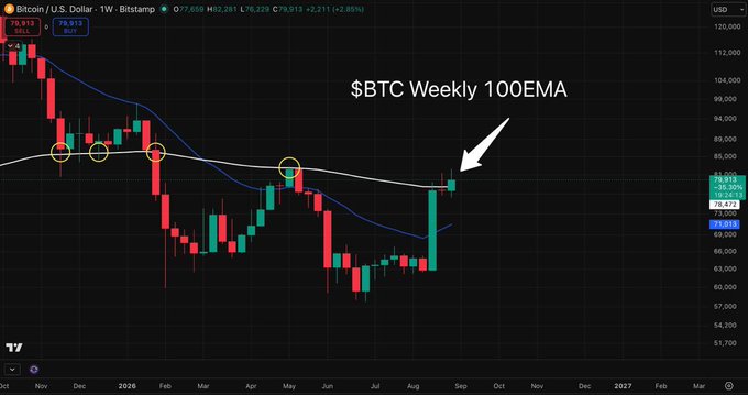 A Bitcoin/USD weekly chart from Bitstamp on TradingView, annotated with '$BTC Weekly 100EMA' and an arrow pointing to the current price around $79,913 testing the 100-period exponential moving average.