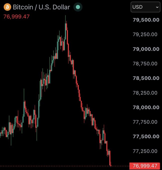 A candlestick chart displaying Bitcoin / U.S. Dollar (BTC/USD) trading at $76,999.47 in USD, showing a price range from approximately $77,250.00 to $79,500.00 with red (declining) and green (rising) candles on a dark background.