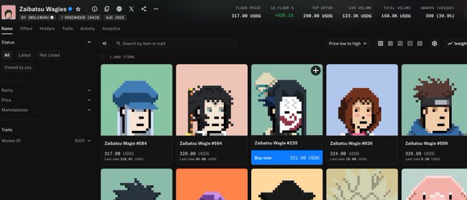 The image displays the "Zaibatsu Wagies" NFT collection on the Robinhood chain, showing various pixelated avatars and their prices in USDG. The user's post implies they are actively involved with this project, possibly due to its ICO and past farming efforts.