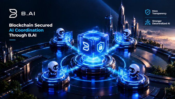 A futuristic digital illustration showcases four AI robotic nodes interconnected via glowing blockchain pathways around a central secured cube, with text reading "Blockchain Secured AI Coordination Through B.AI" and highlights noting "More Transparency" and "Stronger Decentralized AI." The imagery visually reinforces the post's message about blockchain-backed trust and transparency in AI-to-AI coordination.
