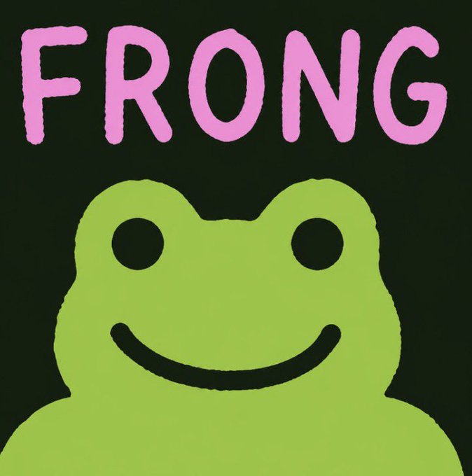 Graphic featuring the word 'FRONG' in pink text above a green smiling frog character on a black background.