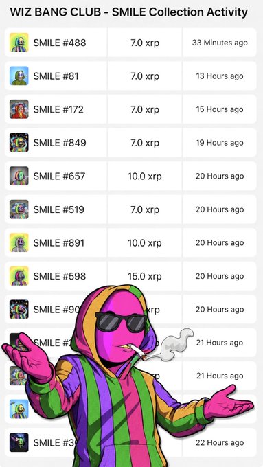 WIZ BANG CLUB SMILE Collection Activity listing showing various SMILE NFT items with XRP prices and timestamps, featuring a colorful cartoon character smoking a cigarette in the foreground.