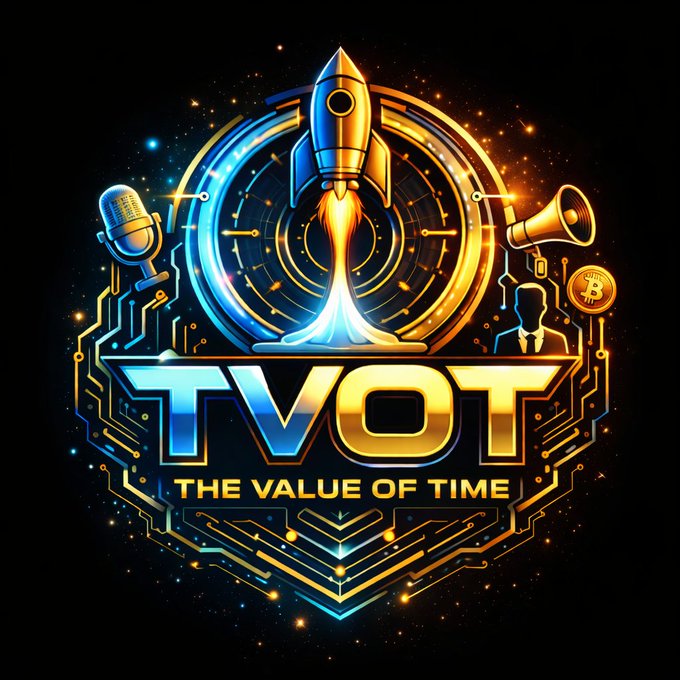 A vibrant digital logo featuring a rocket launching upwards, flanked by a microphone and a Bitcoin icon, with the text 'TVOT' and the tagline 'THE VALUE OF TIME' beneath it.