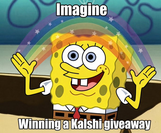 The image features SpongeBob SquarePants with a rainbow over his head, paired with the text "Imagine Winning a Kalshi giveaway," visually reinforcing the post's excitement about a $1,000 giveaway opportunity for new users who sign up and trade $50 in perps volume on Kalshi's legal platform by Sunday.