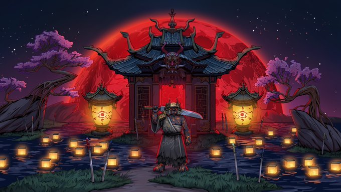 A samurai warrior stands before an ornate Japanese temple under a blood-red moon, surrounded by glowing lanterns and cherry blossoms, embodying the post's theme of transformation emerging from darkness. The eerie, mystical atmosphere visually reinforces the call to action, inviting viewers to "secure their WL spot" at engetsu.xyz as the first chapter of this unfolding narrative begins.