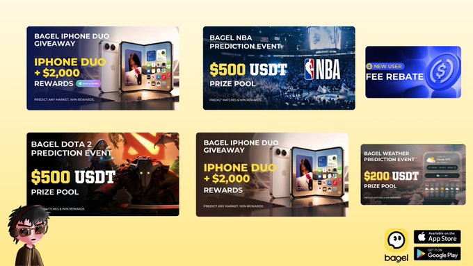 A promotional banner for the Bagel prediction app showing giveaways and events, including a 'Bagel iPhone Duo Giveaway' with $2,000 rewards, a 'Bagel NBA Prediction Event' with $500 USDT prize pool, and a 'Bagel Dota 2 Prediction Event'.