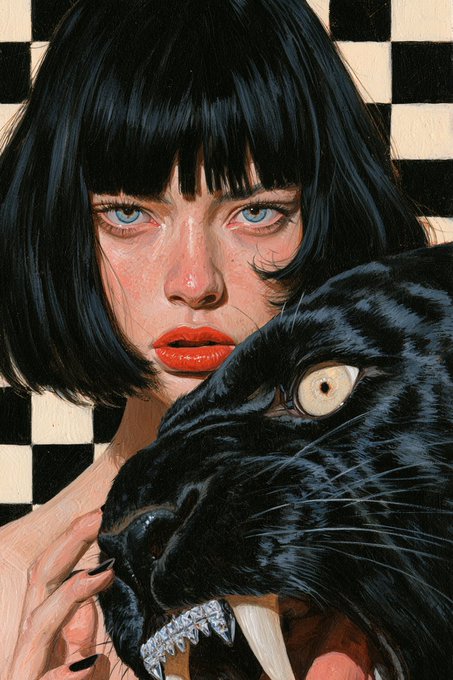 A detailed illustration of a woman with short black hair, blue eyes, and red lips holding a black panther, set against a black and white checkered background.