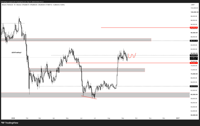 A TradingView daily chart of Bitcoin (BTC/USD) on Binance shows the price around $81,564, with horizontal resistance levels marked in red near $95,700, $80,890, and $77,375, and a recent dip and recovery pattern in the August-September 2026 timeframe, reflecting the post's warning about expected manipulation and a "fake" Ethereum-driven rally that Bitcoin may not sustain.