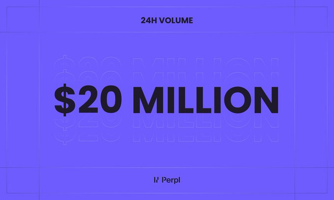 A purple graphic displaying '24H VOLUME' at the top and '$20 MILLION' in large bold text in the center, with 'l/ Perp!' at the bottom.