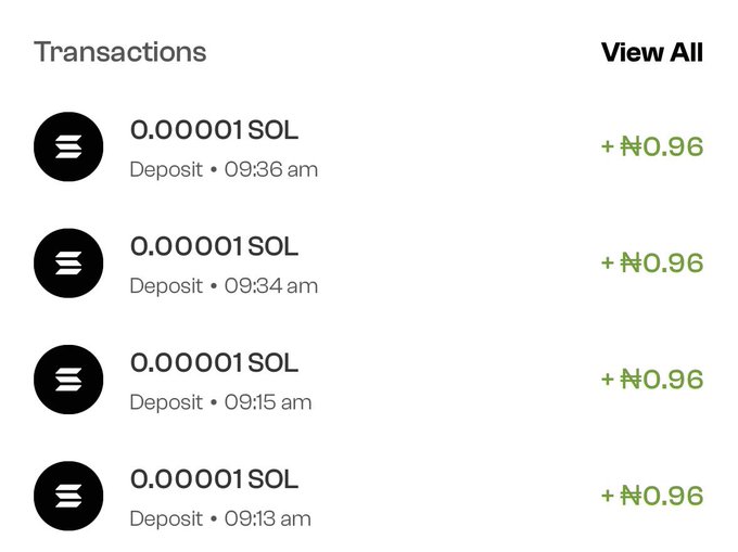 A mobile app transactions screen showing four deposits of '0.00001 SOL' at different morning times (09:13 am, 09:15 am, 09:34 am, 09:36 am), each showing a green '+₦0.96' value.