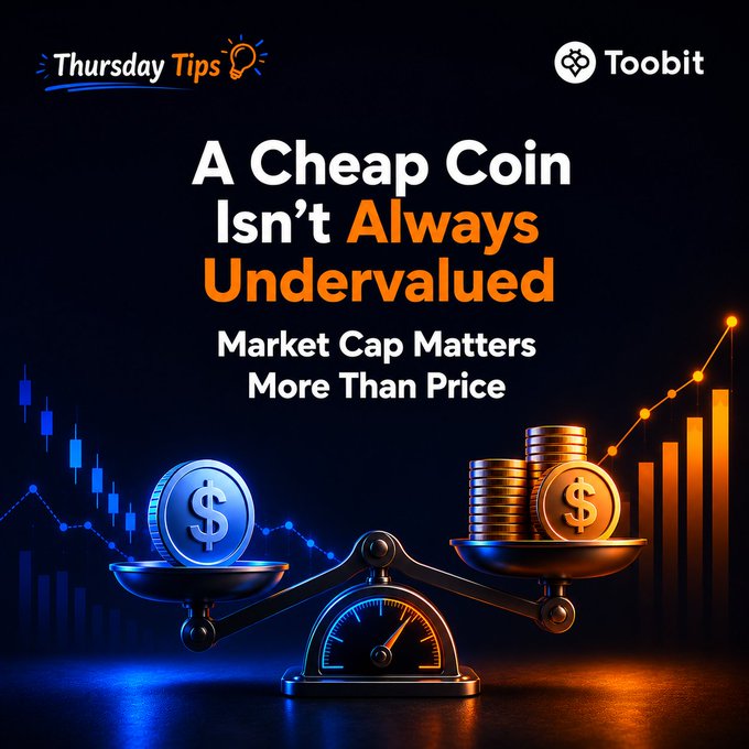 The image shows two coins displayed on a balance scale, with one coin labeled "A Cheap Coin" and the other coin labeled "Isn't Always Undervalued". The market cap of these coins are also shown against each other on a bar graph. In the surrounding text, it is suggested that focusing on market cap matters more than price when evaluating cryptocurrency projects.
