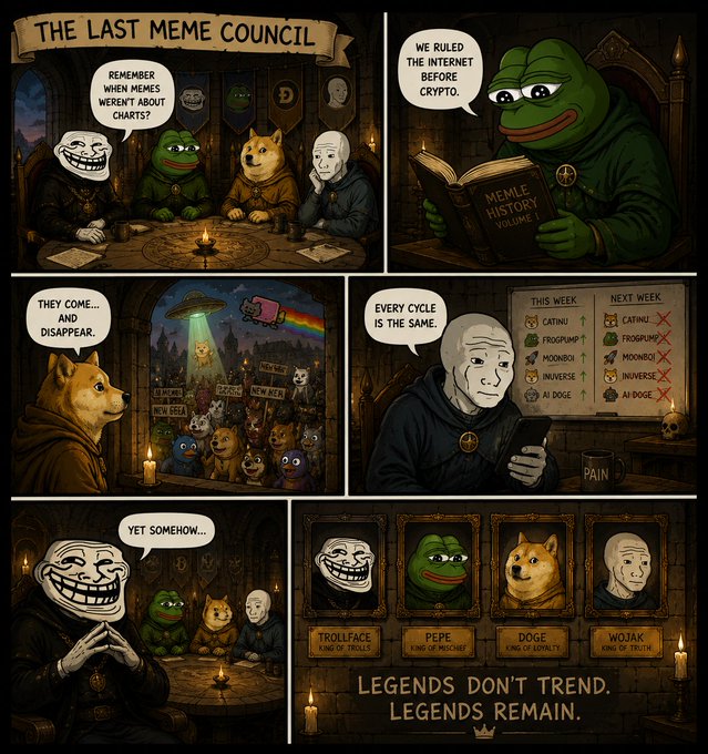 A comic titled "The Last Meme Council" shows Trollface, Pepe, Doge, and Wojak gathered around a table lamenting that memes weren't always about charts, with Pepe reading "MEMLE HISTORY VOLUME I" and Wojak marking declining tokens (CATINU, FROGPUMP, MOONDOG, INVERSE, AI DOGE) as "every cycle is the same." The final panels emphasize that while trends fade, these four legendary memes (King of Trolls, King of Pepeism, King of Loyalty, King of Feels) endure—directly reinforcing the caption "Legends don't trend. Legends remain."