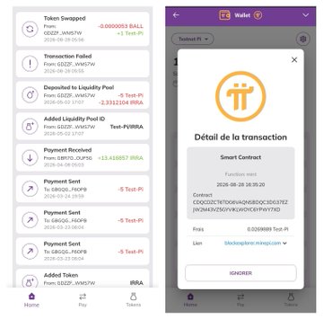 The screenshot displays the Pi Network mobile app showing a transaction history (featuring entries like "Added Liquidity Pool ID," "Payment Sent," and amounts in π and RRA) alongside a transaction detail screen for a "Smart Contract" with contract address "CDDQC02C1ETODIAI2H48D6OCSD637EZJRZW34UKZSDFVK80FC6EF9H7730" and a fee of 0.0208889 Test-Pi.

The image illustrates the Pi ecosystem's smart contract functionality in action, showcasing how Pi enables real-world transactions like escrow and liquidity pools with instant settlement, directly supporting the post's message about building Web3 commerce with real apps and secure, seamless transactions.