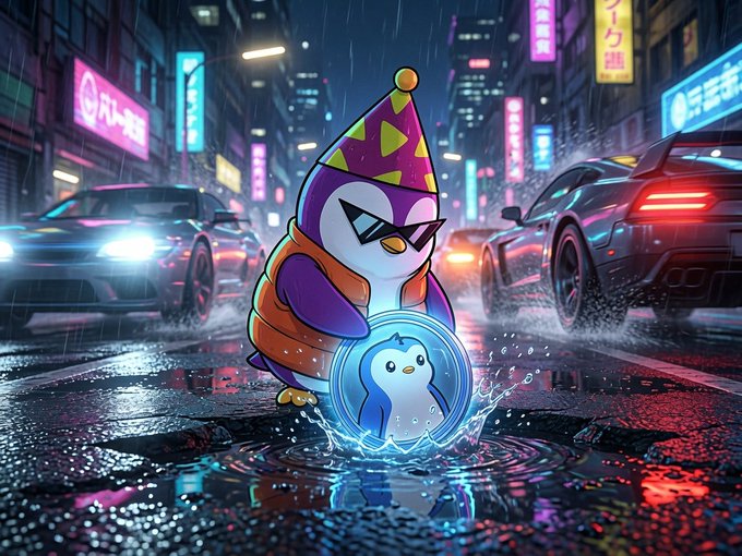 An anime-style digital illustration of a penguin wearing sunglasses and a party hat, splashing through a puddle in a neon-lit cyberpunk city street with cars in the background.